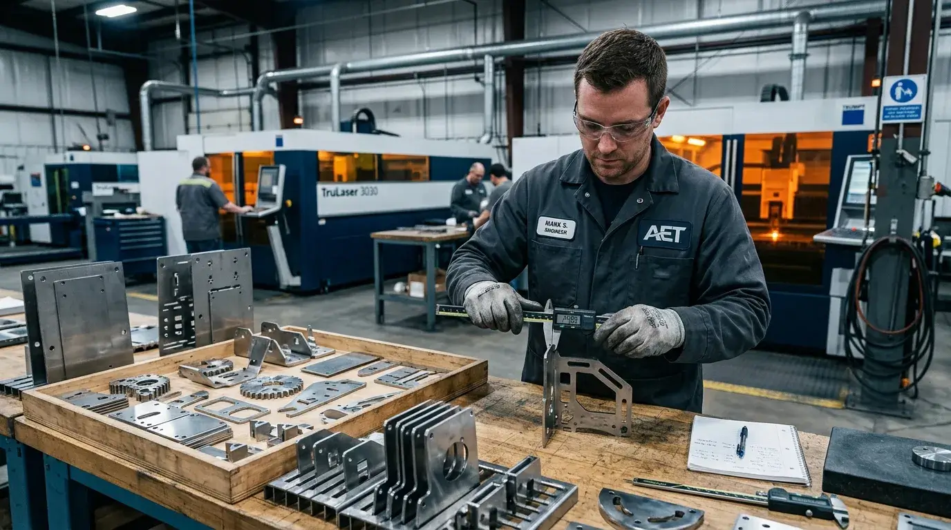 Laser cut parts inspection Engineer measuring laser cut sheet metal parts with digital caliper
