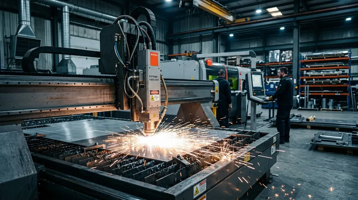 Fiber laser sheet metal cutting Fiber laser cutting sheet metal with bright sparks in fabrication workshop