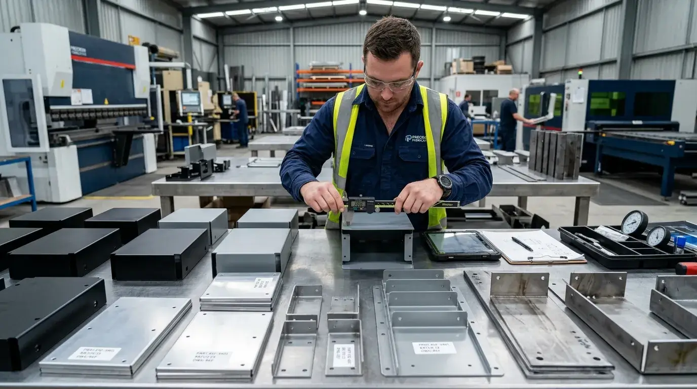 Finished fabricated parts Finished sheet metal enclosures inspected on factory workbench