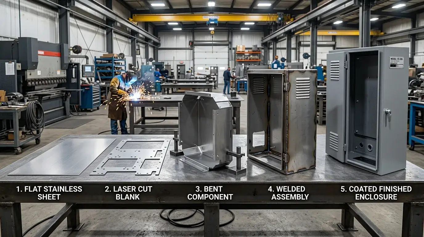 From sheet to part Flat metal sheet transformed into finished fabricated metal part
