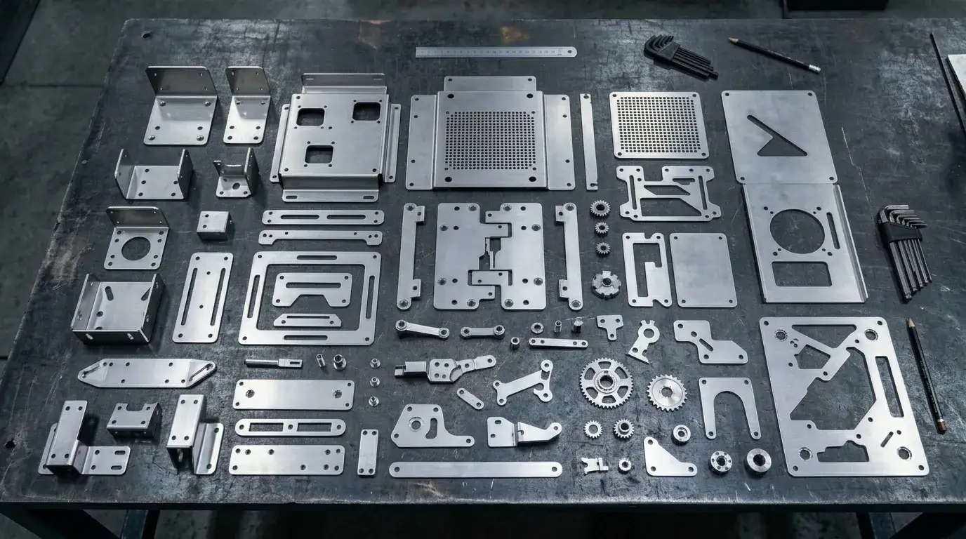 Laser cut metal parts Flat lay of precision laser cut stainless steel parts