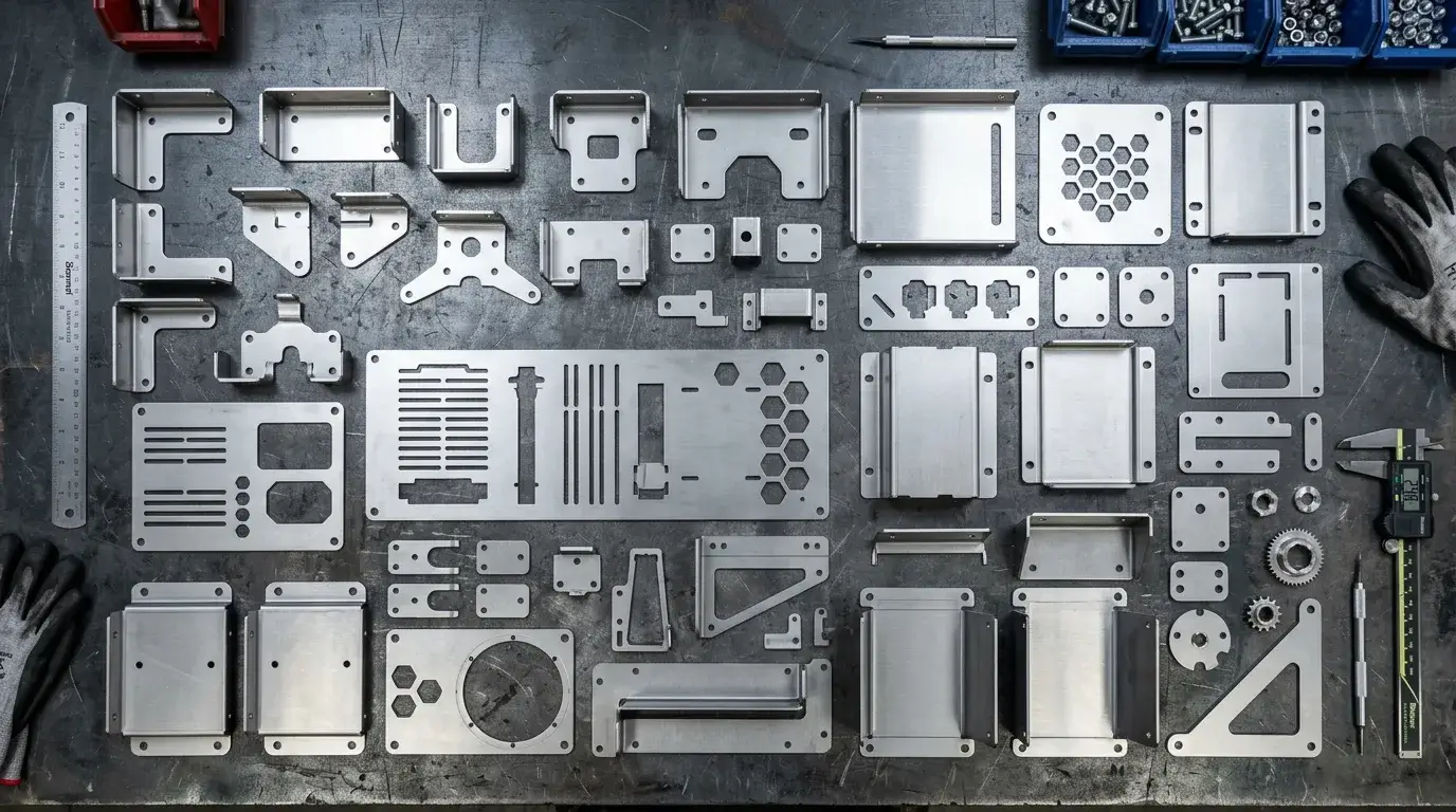 Flat lay of precision laser cut stainless steel parts