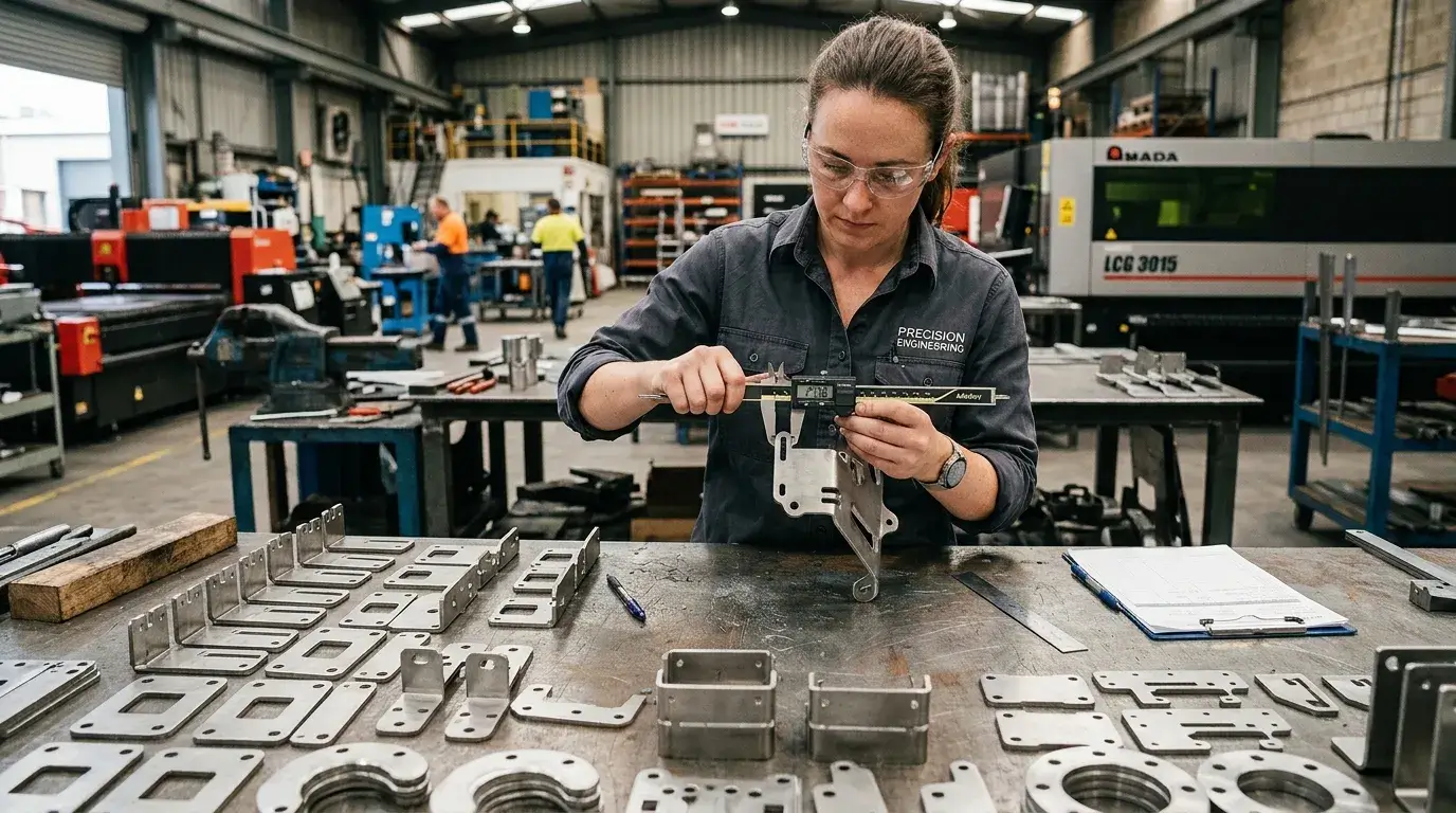Engineer inspecting laser cut metal parts with digital caliper