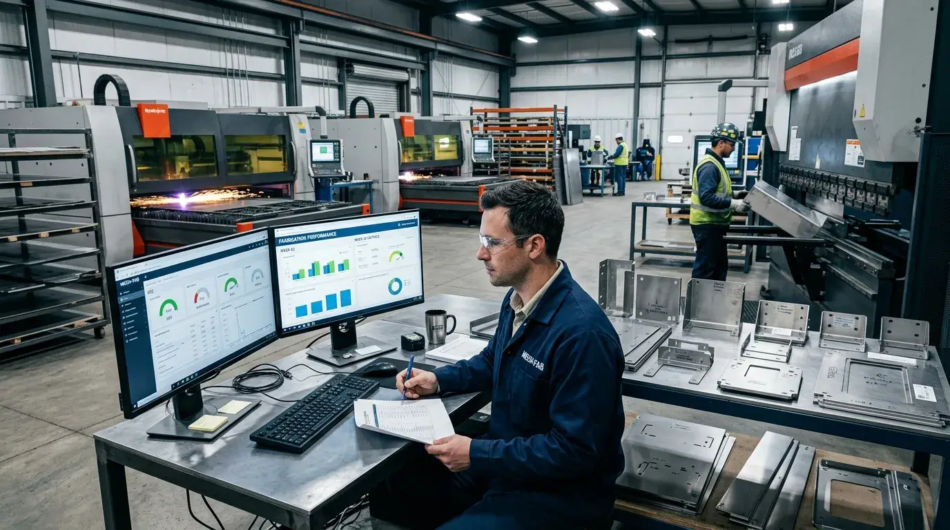 Fabrication evaluation process Engineer reviewing sheet metal fabrication data in factory