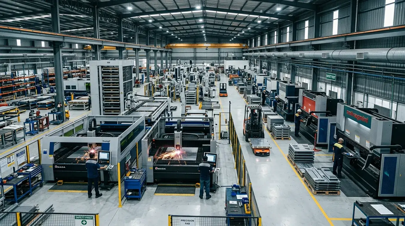 Fabrication factory overview Modern sheet metal fabrication machines in large industrial factory