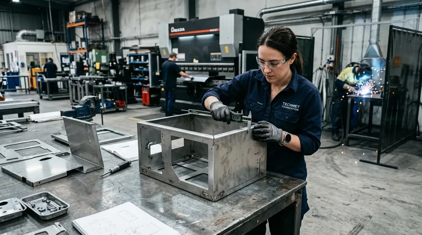 Metal parts inspection Engineer inspecting fabricated sheet metal parts using digital caliper