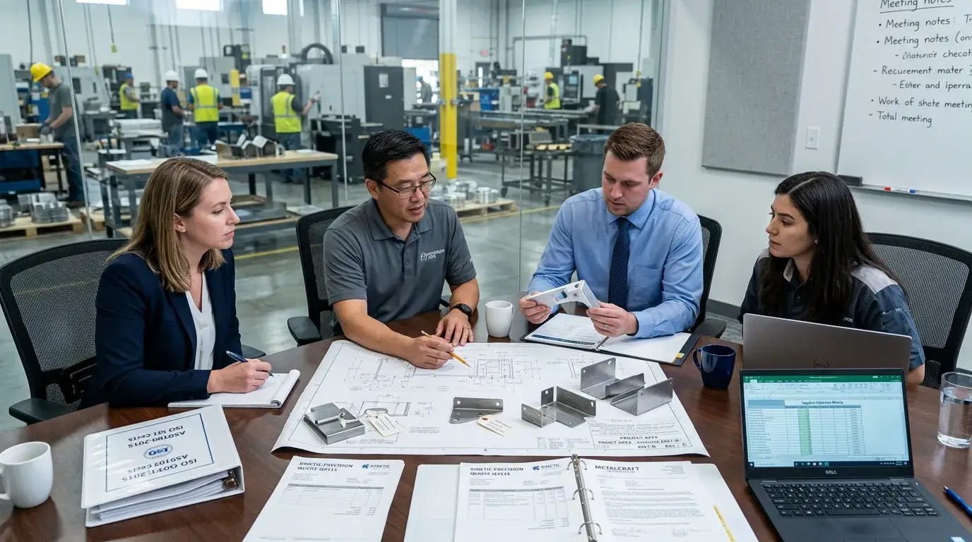 Supplier selection Procurement team reviewing sheet metal fabrication quotes and drawings