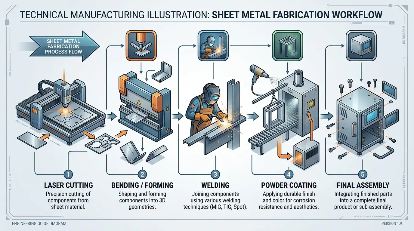 Sheet metal fabrication workflow Sheet metal fabrication workflow from laser cutting to assembly