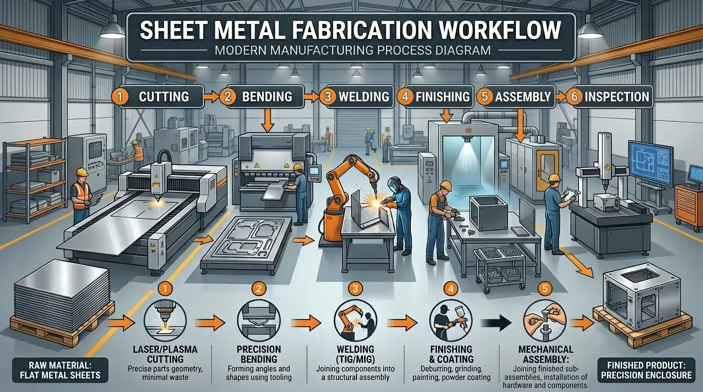 Fabrication workflow diagram Sheet metal fabrication process flow from flat sheet to finished part