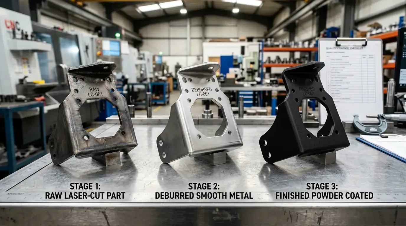 Finishing stages Sheet metal bracket raw deburred and powder coated stages
