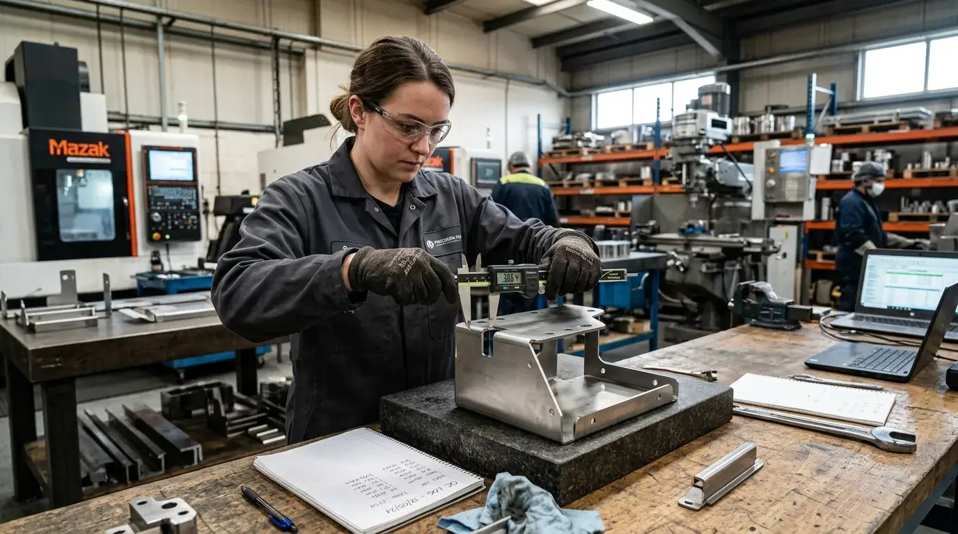 Quality inspection Engineer measuring fabricated metal component with digital caliper