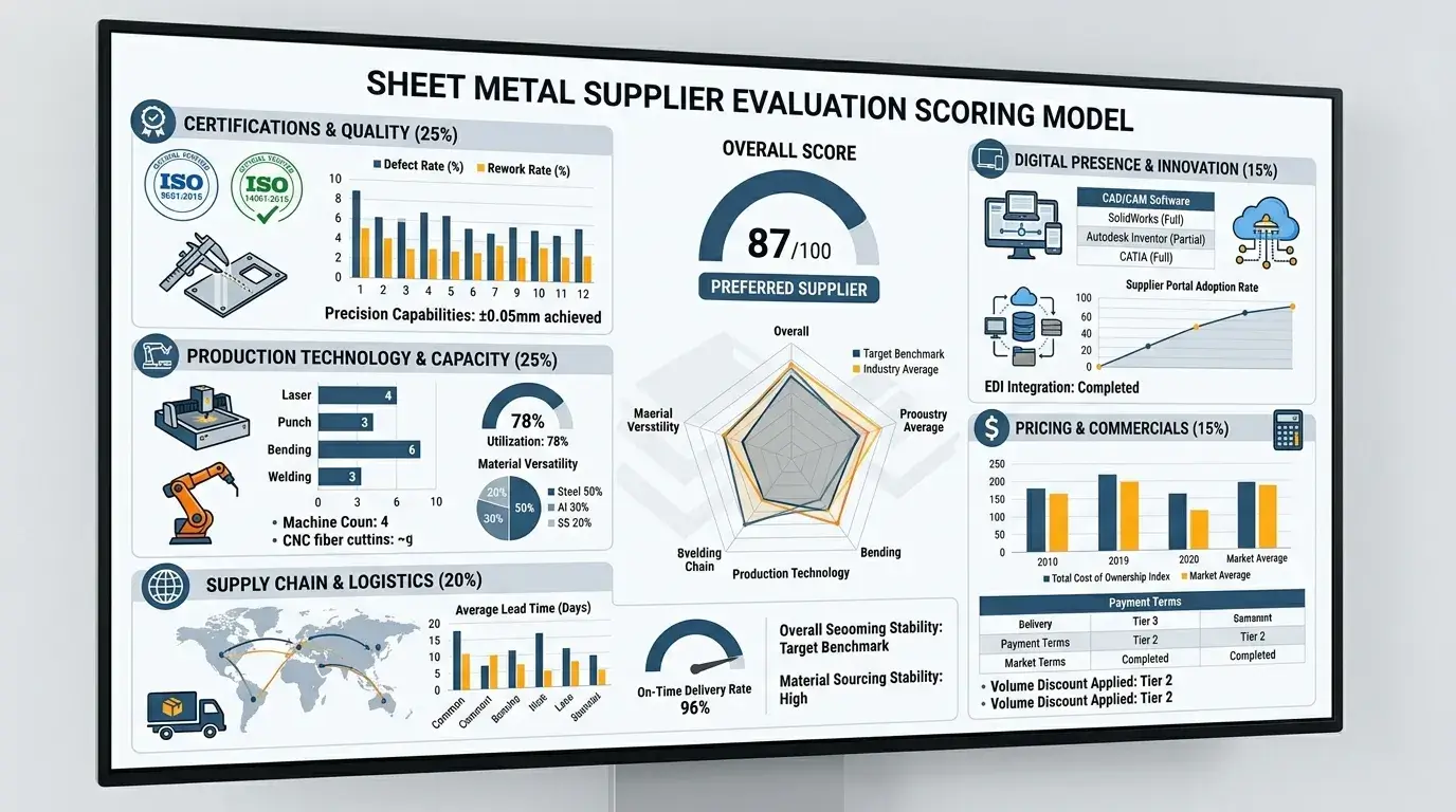 Supplier Evaluation Framework Sheet metal supplier evaluation scoring model with weighted criteria dashboard