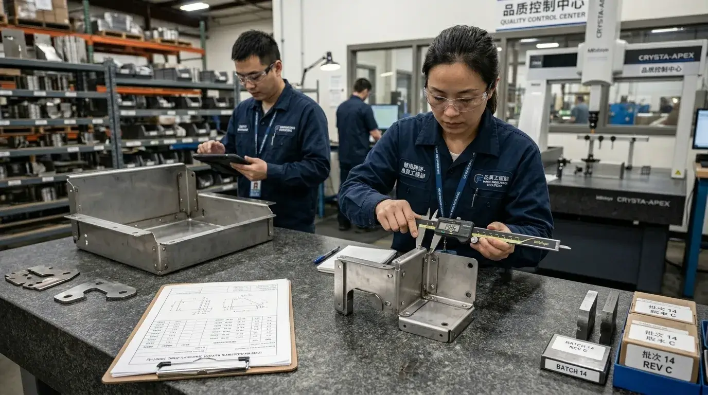 Quality inspection Engineer inspecting fabricated metal parts