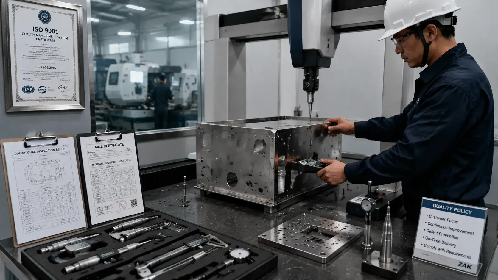 quality inspector measuring sheet metal fabricated part with CMM in ISO-certified factory