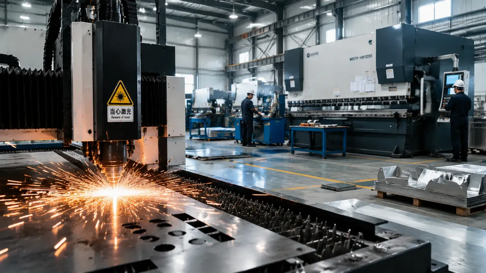 precision sheet metal fabrication factory floor with fiber laser and press brake