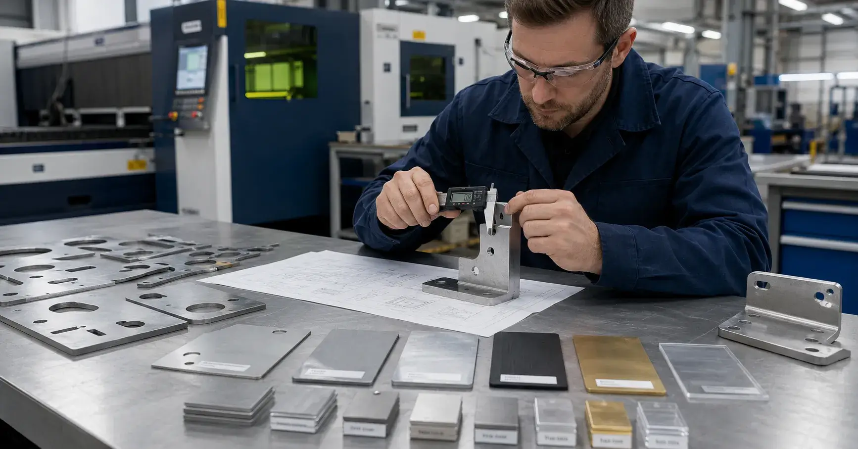 Choosing the Right Supplier Engineer comparing laser-cut materials and technical drawings