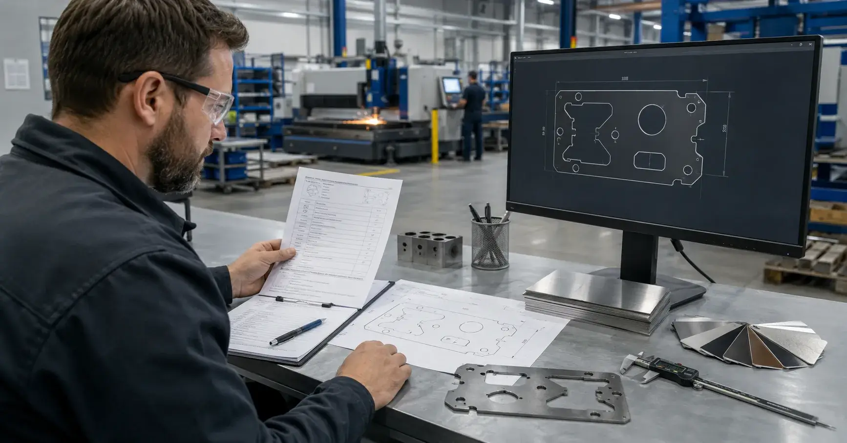 Laser Cutting RFQ Checklist Engineer reviewing CAD drawings and laser-cut part requirements