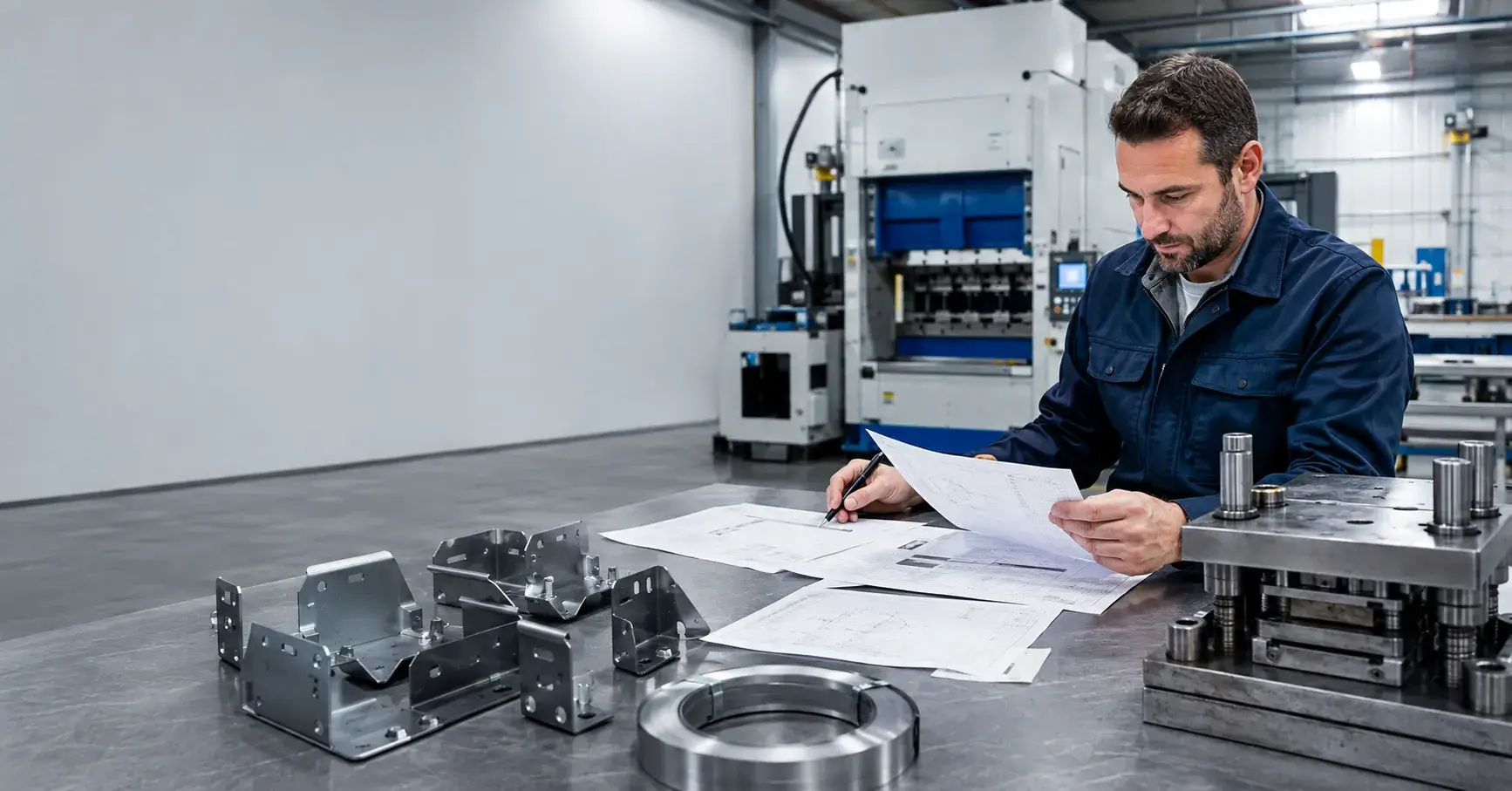Metal Stamping Cost Review Engineer reviewing metal stamping cost beside finished steel parts