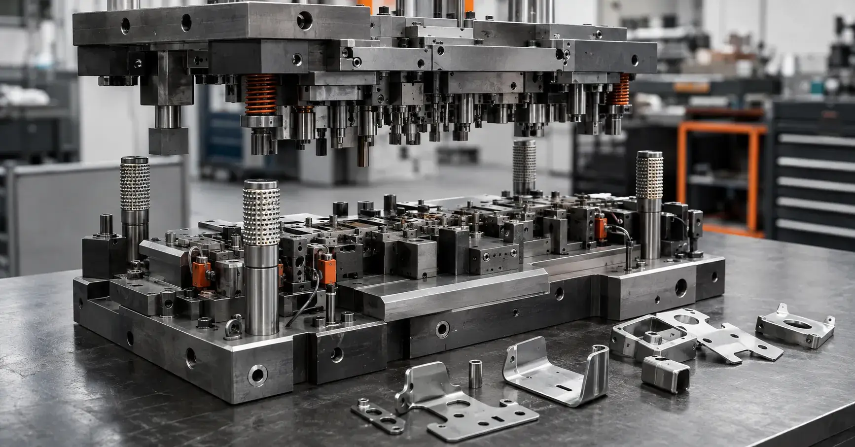 Stamping Die Complexity Progressive stamping die opened for tooling inspection beside steel components