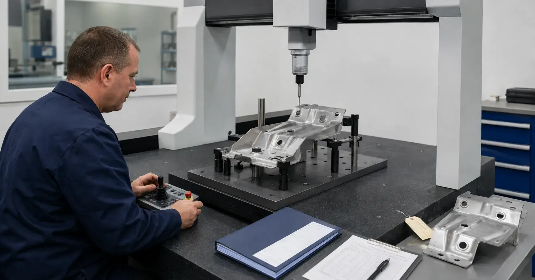 Metal Stamping Quality Control Quality inspector measuring stamped steel component on CMM table