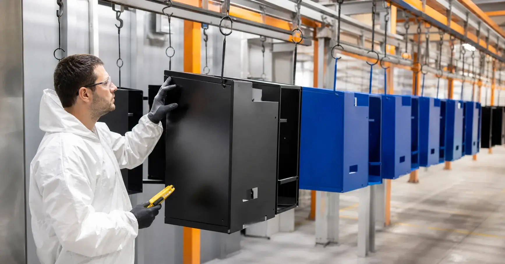 Surface Finishing Powder coated sheet metal enclosures on conveyor
