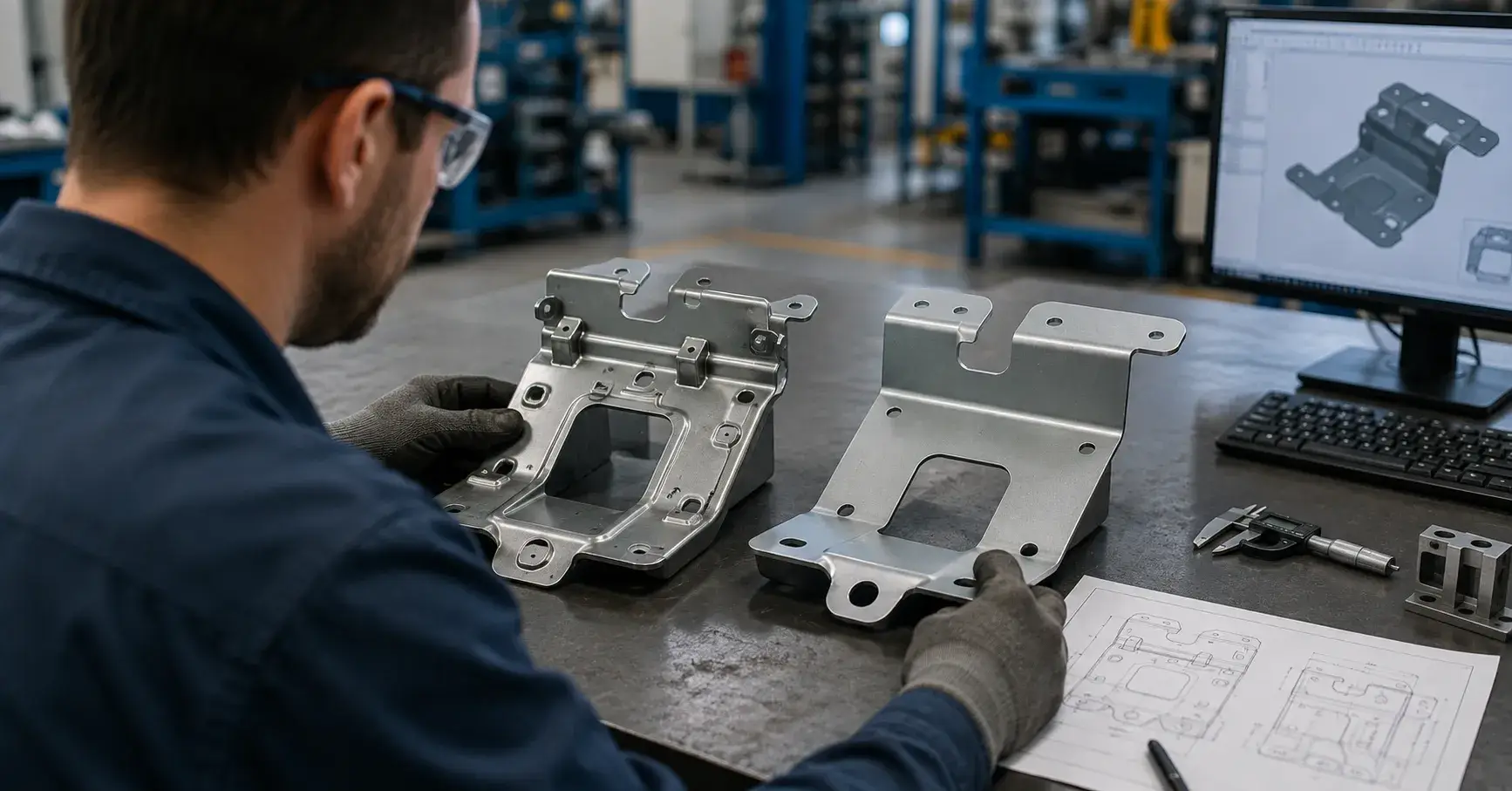 Cost-Effective Stamping Design Engineer comparing stamped prototype with revised manufacturing drawing