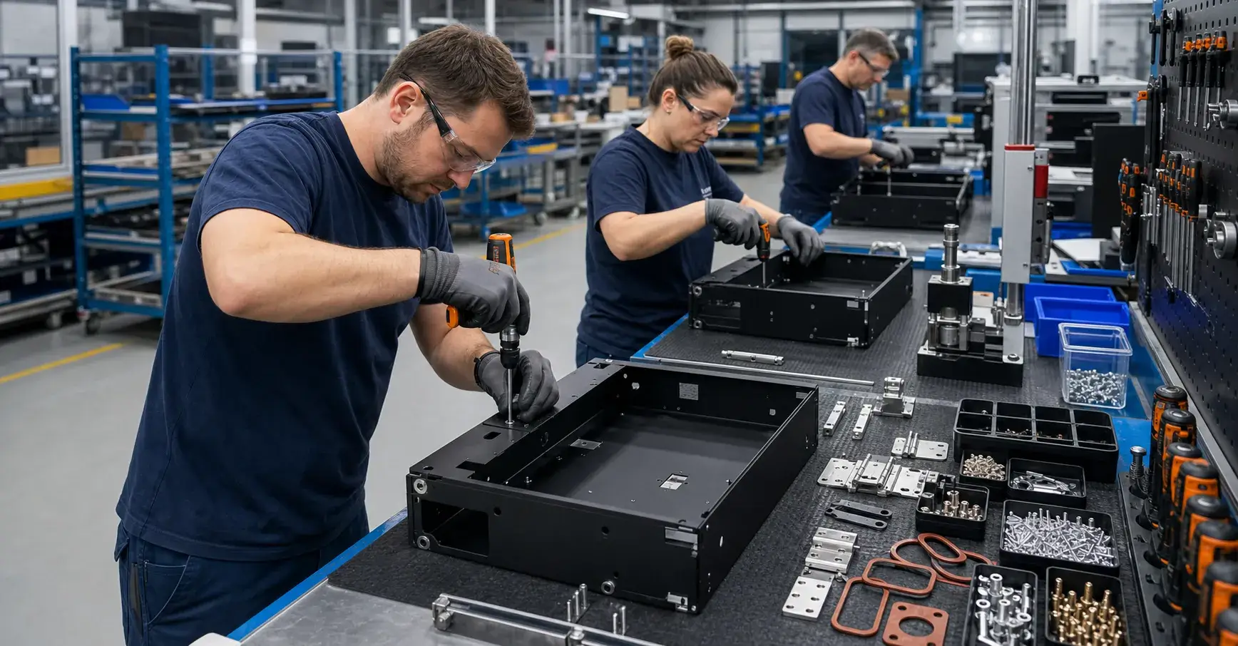 Technicians installing hardware on sheet metal enclosures