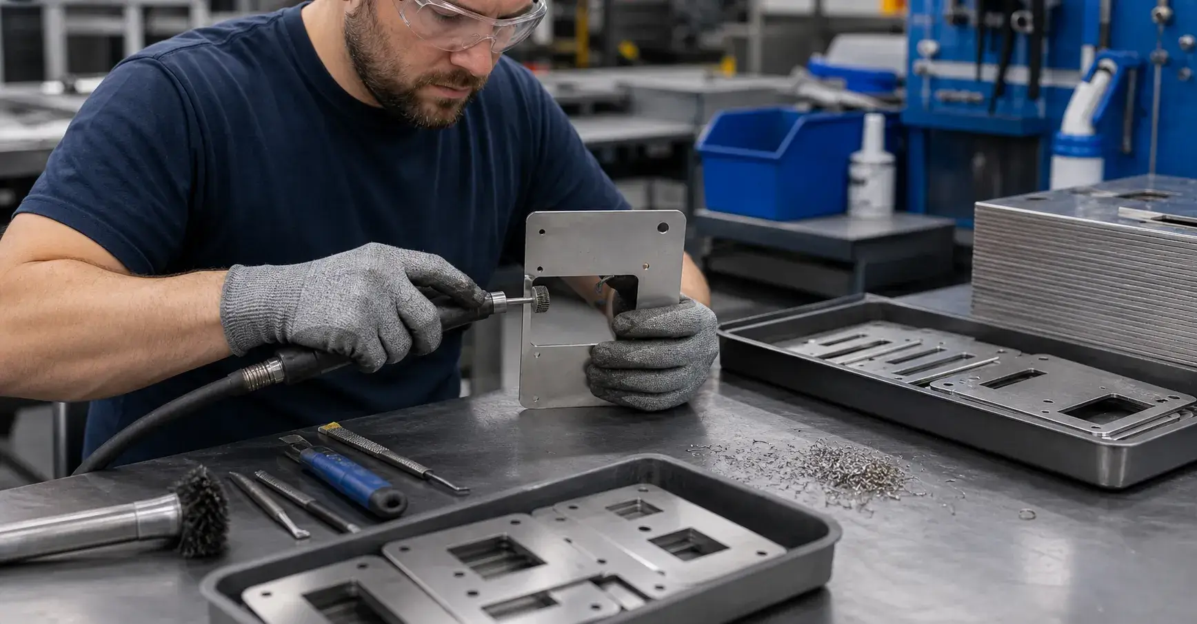 Worker deburring laser cut sheet metal edges