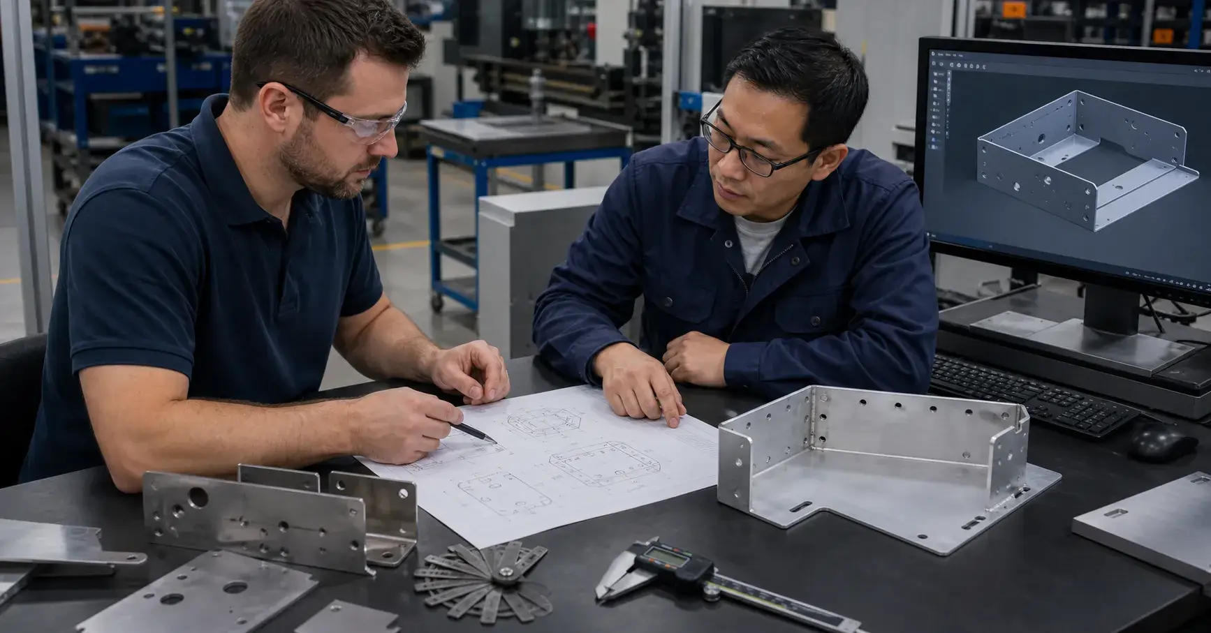 Engineers reviewing sheet metal drawings and sample parts