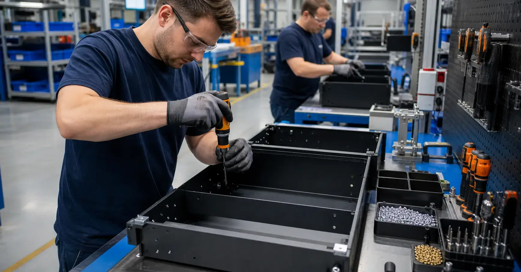 Sheet Metal Assembly Technicians assembling sheet metal enclosures with hardware