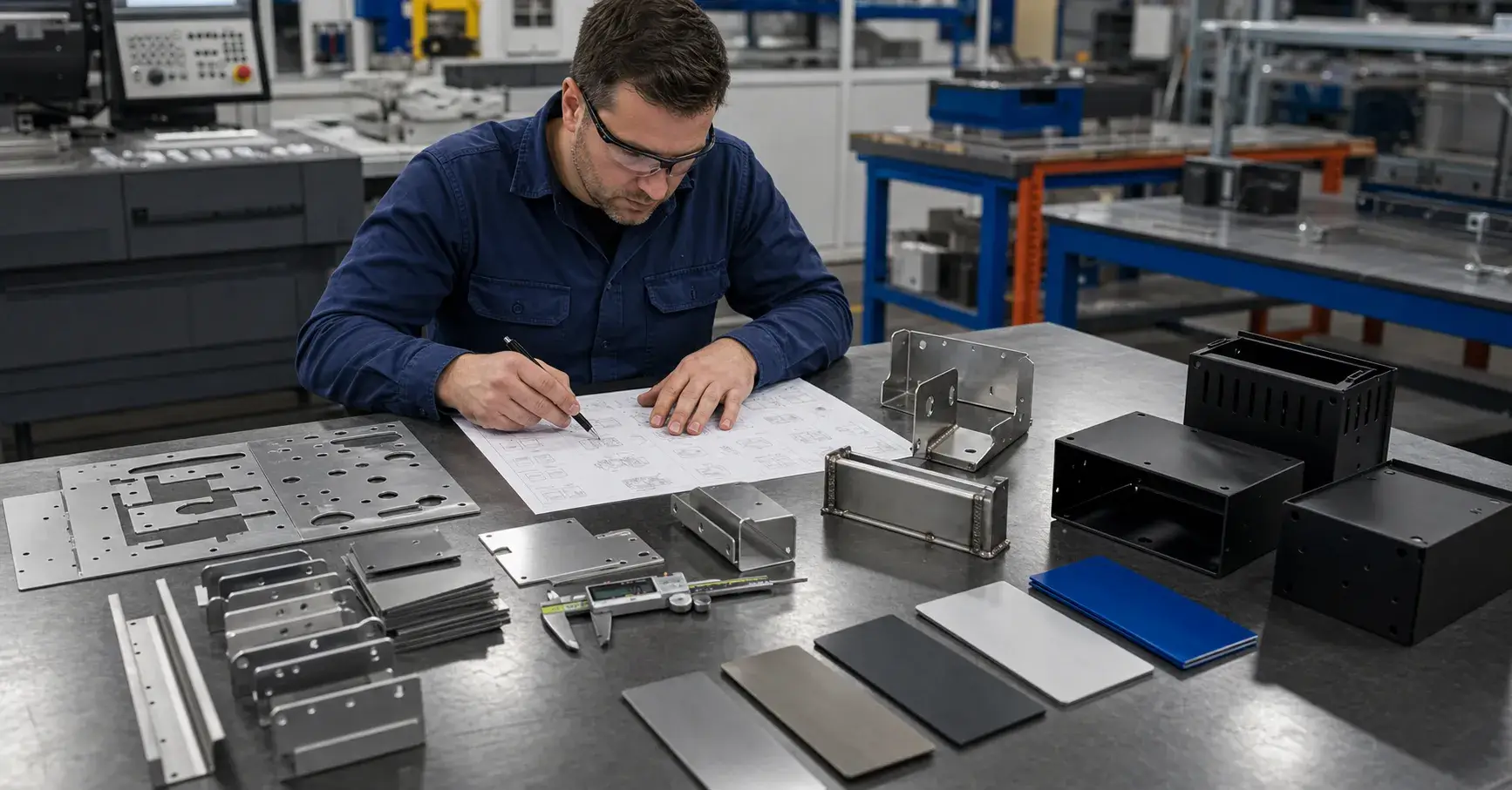 Engineer reviewing fabrication costs with metal parts