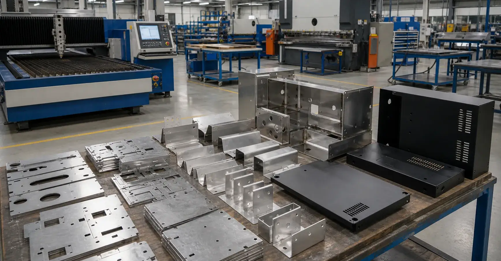 Sheet metal parts moving through fabrication stages