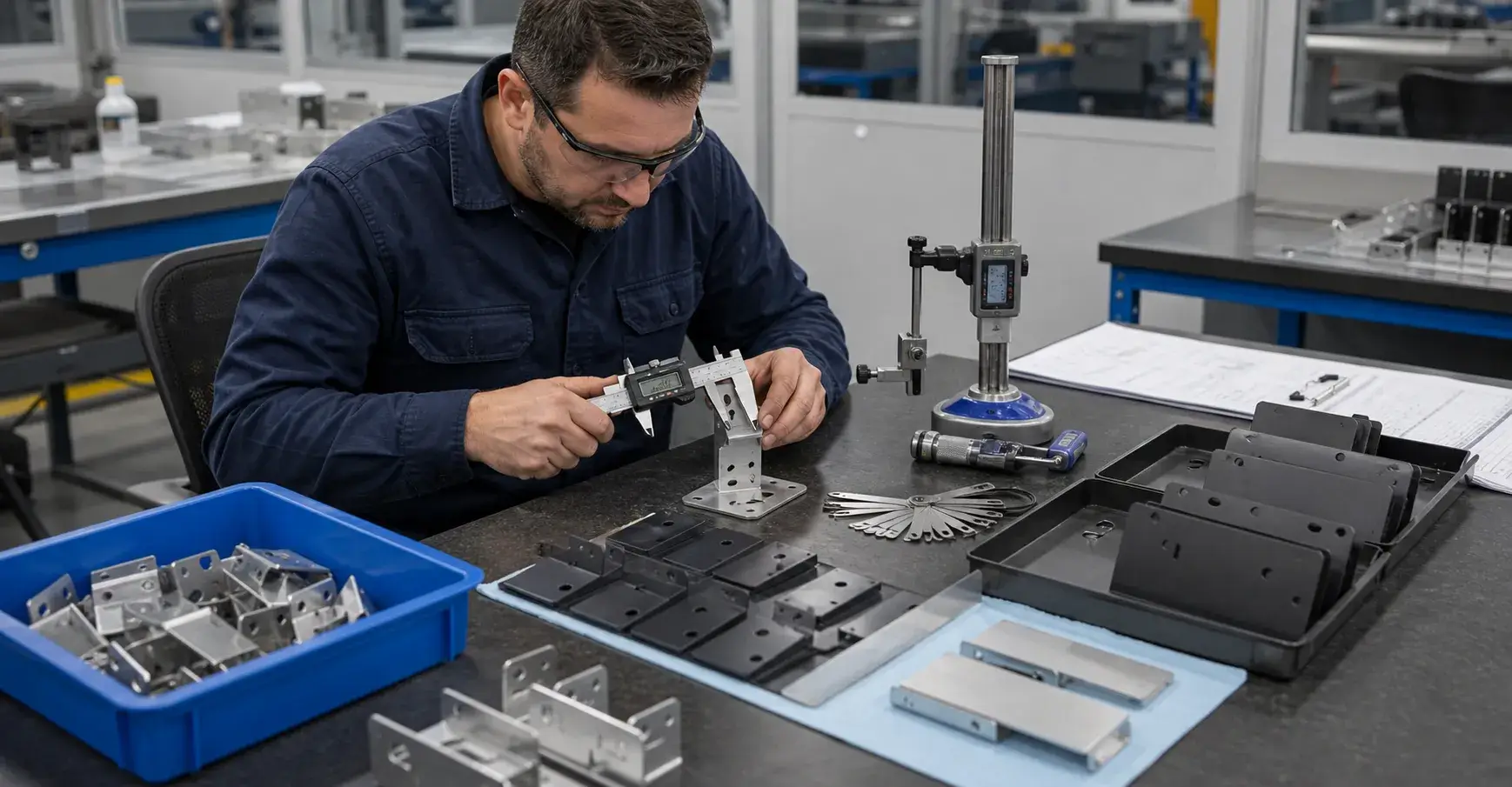 Inspector measuring finished sheet metal parts
