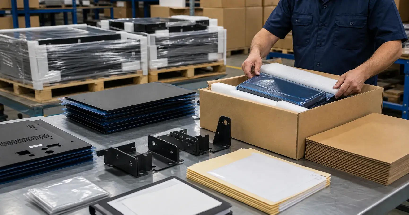 Protected sheet metal parts packed for shipping