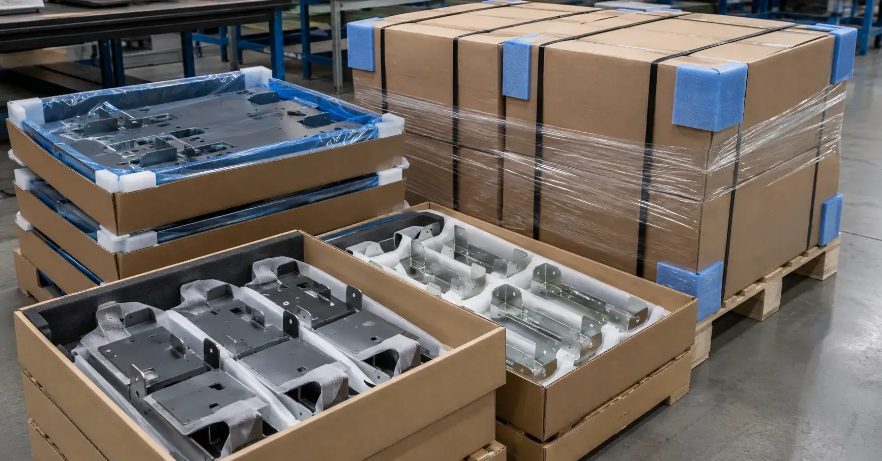 Protective Packaging for Stamped Parts Finished stamped parts packed with separators in labeled export cartons