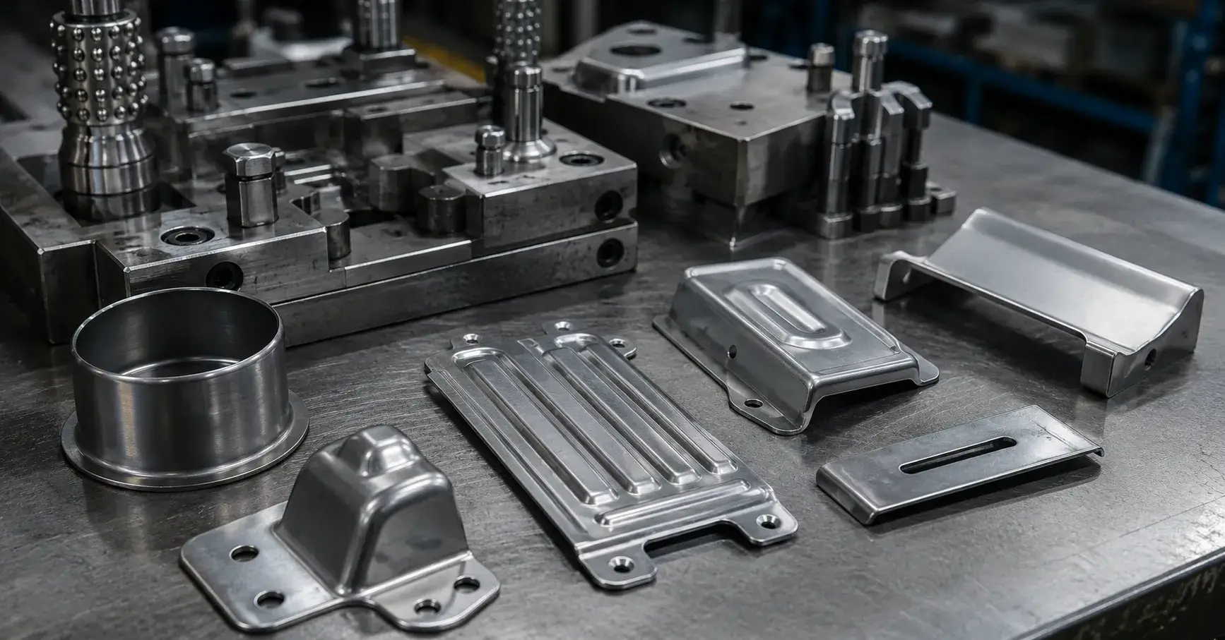 Complex Stamped Part Geometry Complex deep-drawn steel parts with ribs, flanges, and formed features