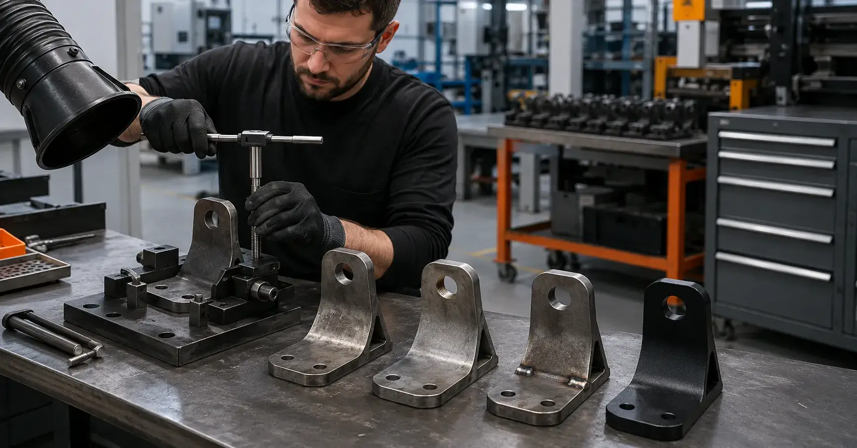 Secondary Stamping Operations Technician deburring and tapping stamped steel brackets at workstation