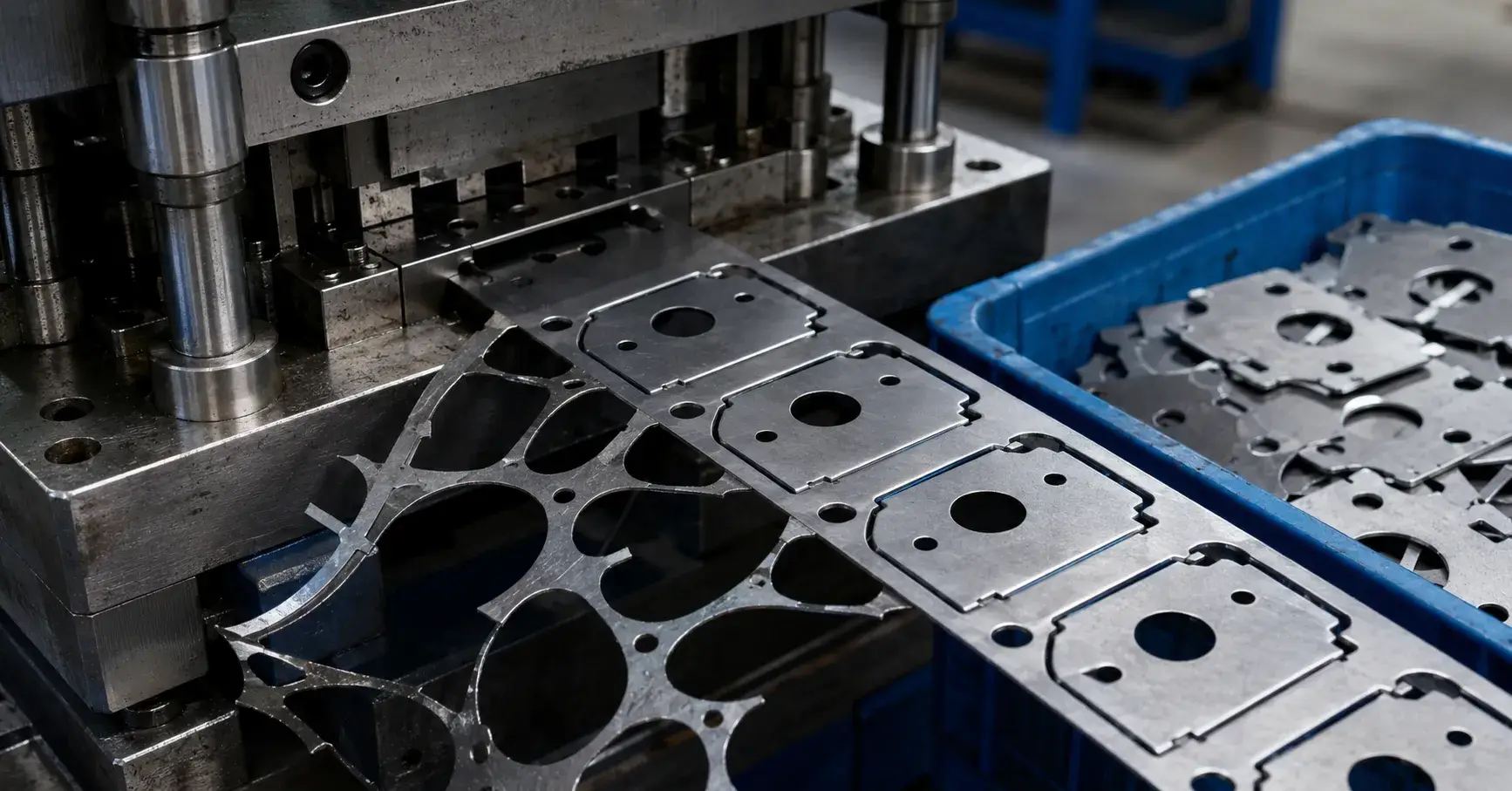 Material Utilization in Stamping Stamped steel strip showing nested parts, carriers, and production scrap