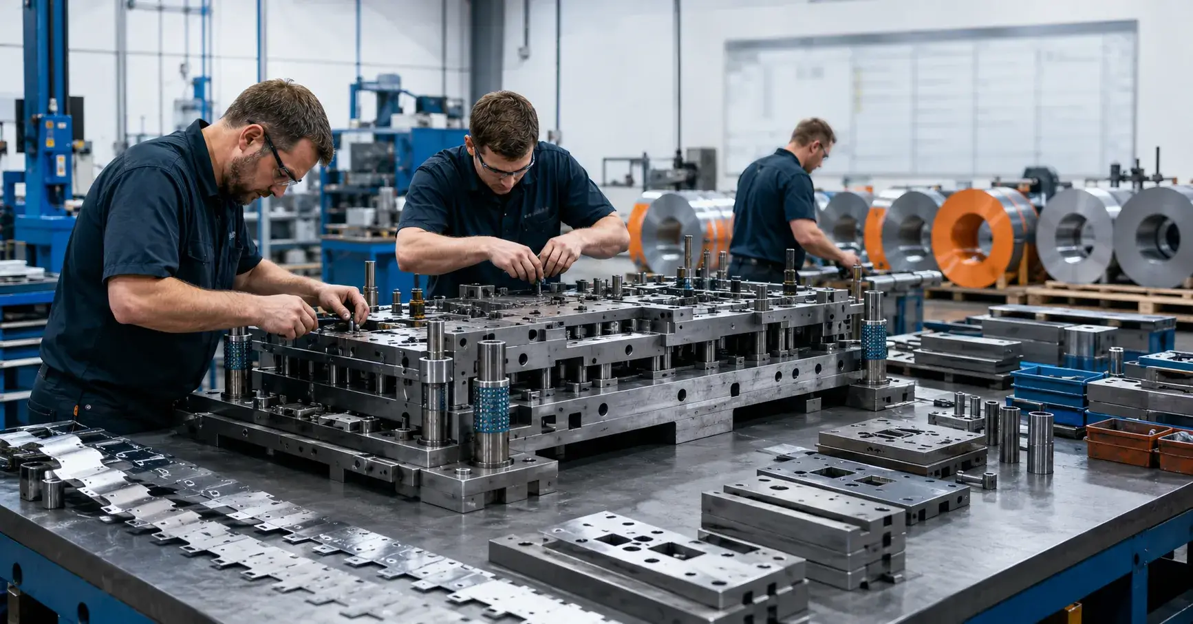 Managing Stamping Lead Time Toolmakers fitting progressive die components during scheduled production preparation