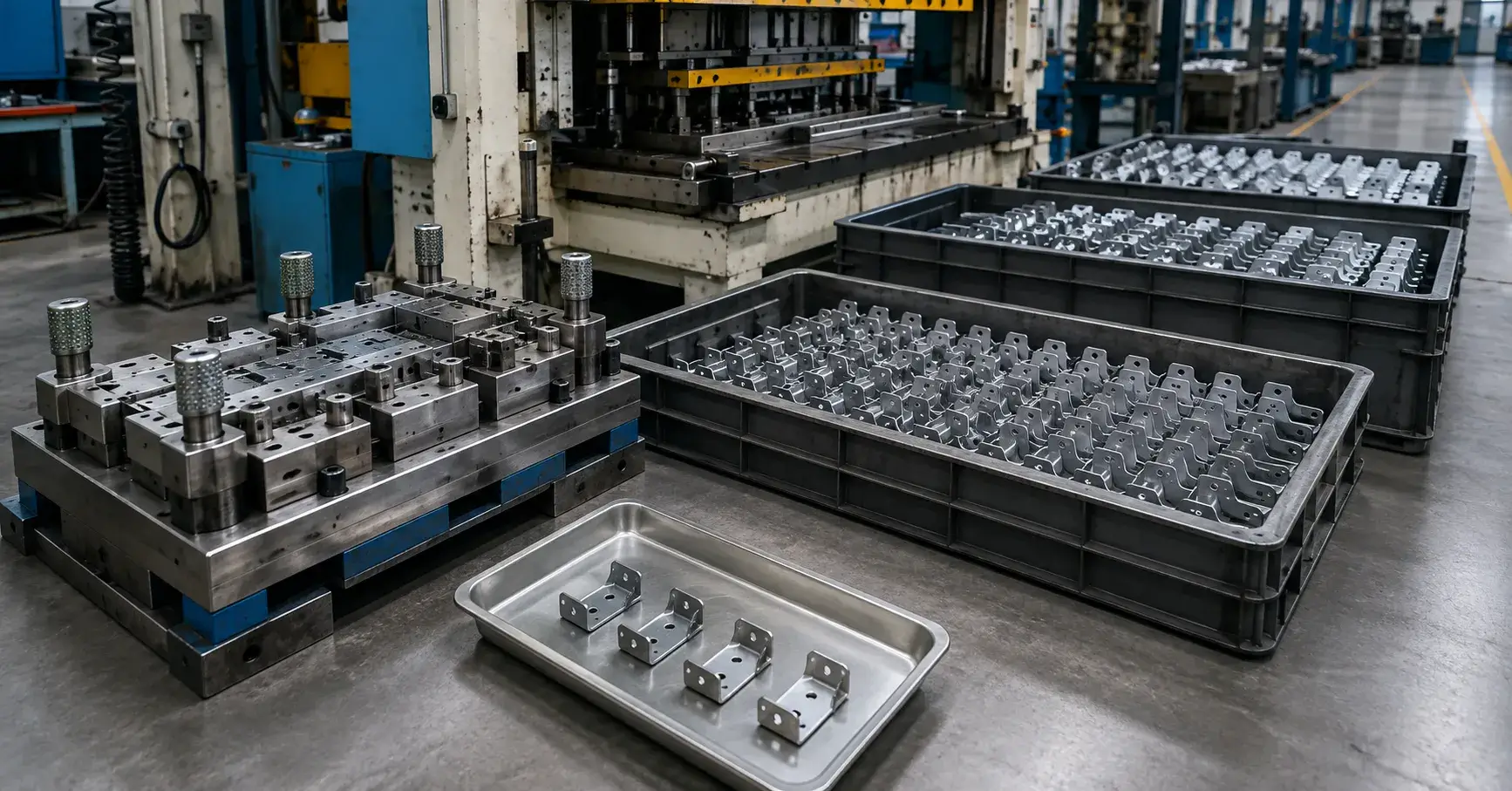 Tooling and Production Volume Progressive die beside organized trays of high-volume stamped parts